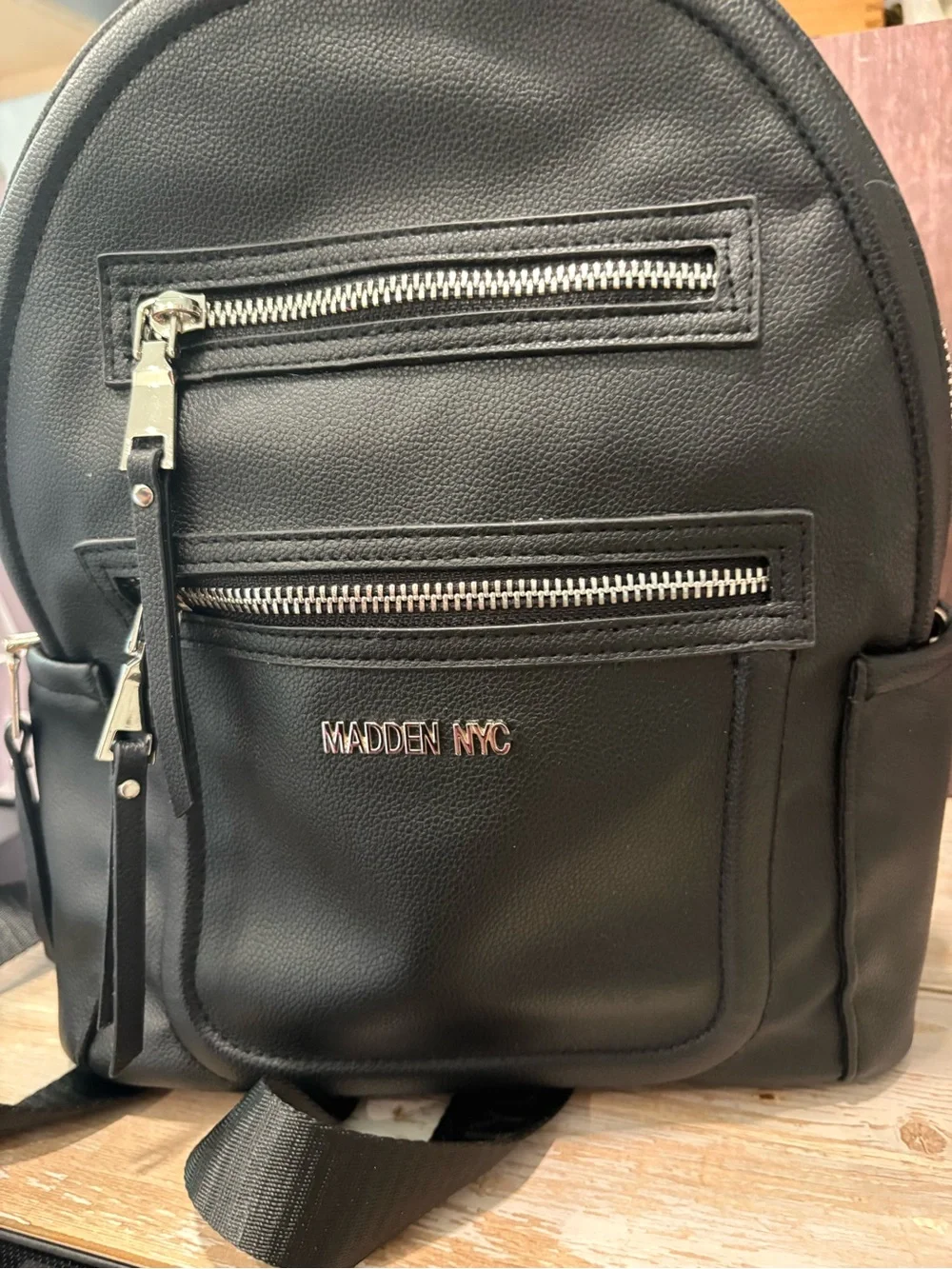 Madden NYC Black Mini Backpack with Front Zip Pockets